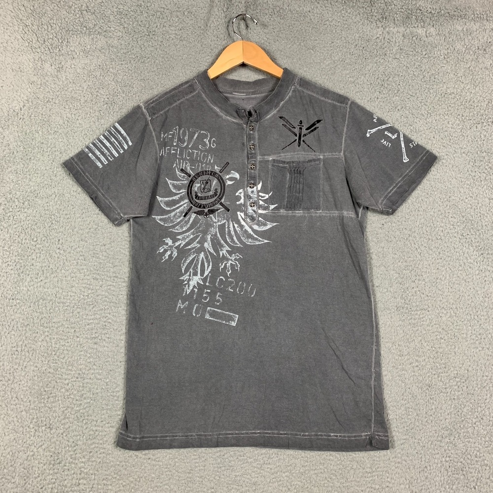 Affliction Landmine Henley Shirt‎ Men's Large Gray Distressed Grunge Y2K RARE